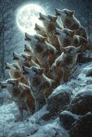 A Pack of Wolves Howling Under a Winter Moon photo