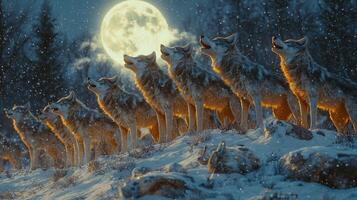 Wolves Howling at the Winter Moon in Snow photo