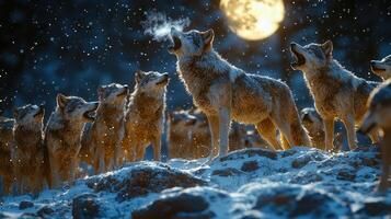 Wolves howling under a winter moon at night photo