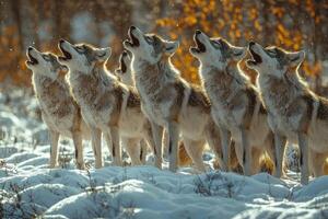 A Pack Of Wolves Howling In Winter Snow photo