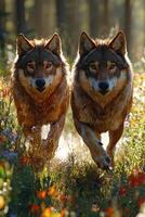 Two Wolves Running Through A Flowery Forest photo