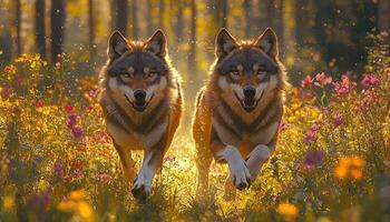 Two Wolves Running Through a Sunny Flower Field photo