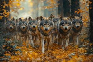 A Pack of Wolves Walks Through Autumn Woods photo