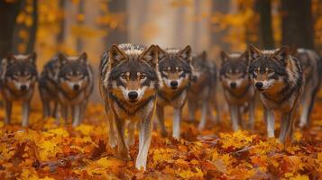 Wolves walking through autumn leaves in a forest photo
