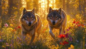 Two Wolves Running Through A Golden Flower Field photo