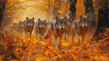 Wolves Walking Through Autumn Forest photo