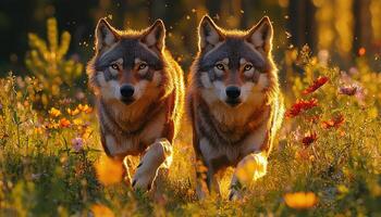 Two Wolves Running Through A Summer Meadow photo