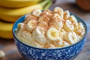 Large Bowl Of Banana Pudding, Copy Space, Food Setting photo