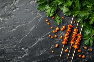 Chicken Skewers With Peanut Sauce, Copy Space, Food Image photo