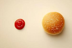 Classic Hamburger With Ketchup And Mustard, Copy Space, Food Image photo