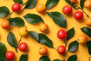 Top view Crabapple on a vibrant background, plant setting photo