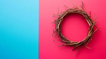 Top view Crown of Thorns on a vibrant background, flower setting photo