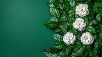 Top view Gardenia on a vibrant background, flower setting photo