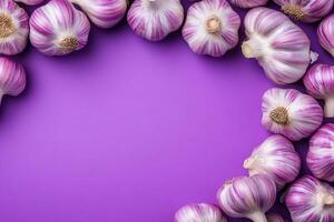 Garlic on a vibrant background, photorealistic top view Garlic plant photo