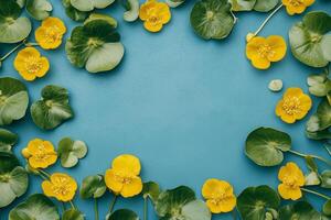 Top view photorealistic Marsh Marigold, flower set on a vibrant background photo