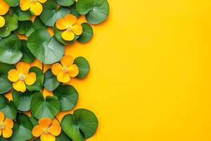 Marsh Marigold on a vibrant background, photorealistic top view Marsh Marigold plant photo