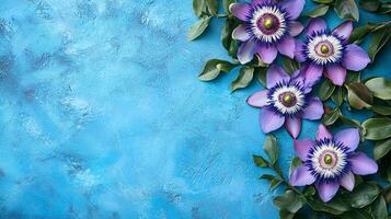 Passionflower on a vibrant background, top view photorealistic flower photo