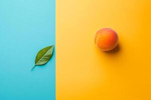 Top view Peach on a vibrant background, plant setting photo
