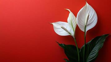 Top view Spathiphyllum on a vibrant background, flower setting photo