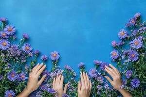 Stokes Aster on a vibrant background, top view photorealistic flower photo