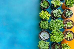 Top view Stonecrop dwarf varieties on a vibrant background, plant setting photo
