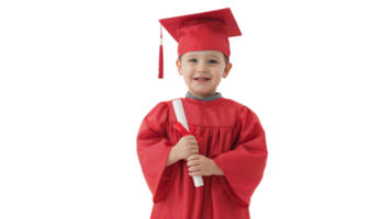 Young Child in Mini Graduation Cap and Bright Robe Holding Diploma, Smiling on transparent Background png