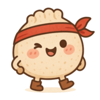 Kawaii Winking dumpling character with red headband and boots, Transparent Background png