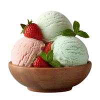 Three sparkly scoops of fruit ice cream with strawberries and mint, transparent background png