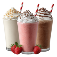 Three different milkshakes with strawberries and whipped cream png
