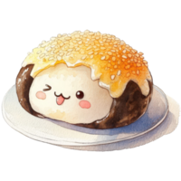 An illustration of an adorable, cartoonish sesame bun with a playful expression, topped with a sweet glaze and sesame seeds, resting on a small plate. png