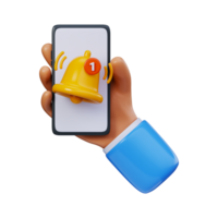 3D Mobile notification in hand. Yellow bell icon with red number 1 on smartphone in hand. Symbol of mobile app notifications, user notifications or new messages. png