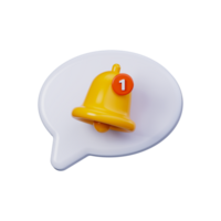 3D bell in speech bubble, yellow bell with red 1 icon inside white message. Symbol for new message alerts, chat notifications and social media icons in mobile user interface. png
