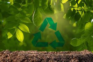 The recycling symbol in the middle of leave in nature indicates reuse without harming the environment. photo