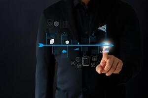 The Business man use finger point to timeline and target goal floating on screen photo