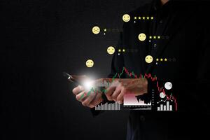 Business man evaluate one star rating on benifit revenue growth floating on screen photo