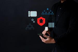 The Business man work with smartphone seek data folder are attack from malware virus photo