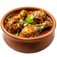 Spicy Chicken Drumsticks in Rich Gravy Served in Rustic Clay Bowl with Fresh Herbs png