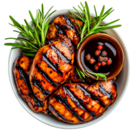 Grilled Chicken Breasts Served with Fresh Herbs and Spicy Sauce in a Bowl png