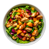 Fresh Chicken Salad with Colorful Vegetables and Healthy Greens in White Bowl png
