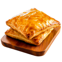 Flaky Golden Pastry on Wooden Plate with Delicious Crunchy Texture and Savory Aroma png