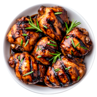 Grilled Chicken Thighs Glazed with Sweet Soy Sauce and Fresh Herbs on a White Plate png