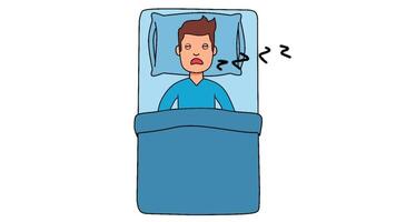 Looping animation of a man sleeping peacefully in bed, snoring with floating Zzz symbols. Relaxing cartoon concept for rest, bedtime, sleep cycle, or dream theme video