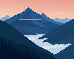 Animated mountain landscape with floating clouds. Beautiful sunrise over blue hills and misty valley. Tranquil natural scenery loop animation video