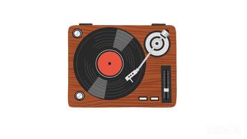 Flat design animation of a vintage turntable with a spinning vinyl record. Classic analog music player in motion, perfect for retro and nostalgic themes video