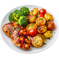 Grilled Chicken Breast with Roasted Potatoes and Mixed Vegetables on Plate png