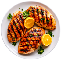 Grilled Chicken Breasts Served with Fresh Lemon Slices and Garnished with Herbs png