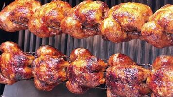 Delicious rotisserie chickens cooking on the grill video
