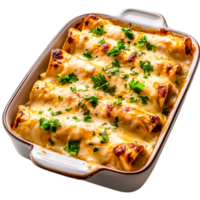 Delicious Cheesy Enchiladas Topped with Fresh Cilantro in a White Baking Dish png