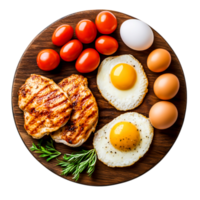 Grilled Chicken with Fresh Eggs and Cherry Tomatoes on Wooden Plate Arrangement png