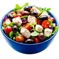 Fresh Mediterranean Salad with Chicken, Olives, Tomatoes, and Leafy Greens in a Bowl png